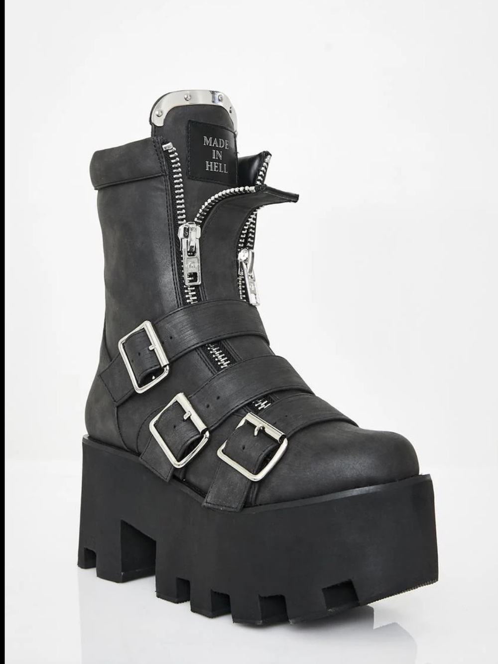 Killstar ‘Made in Hell’ Black Platform Biker Boot with Buckles - Picture 4 of 7